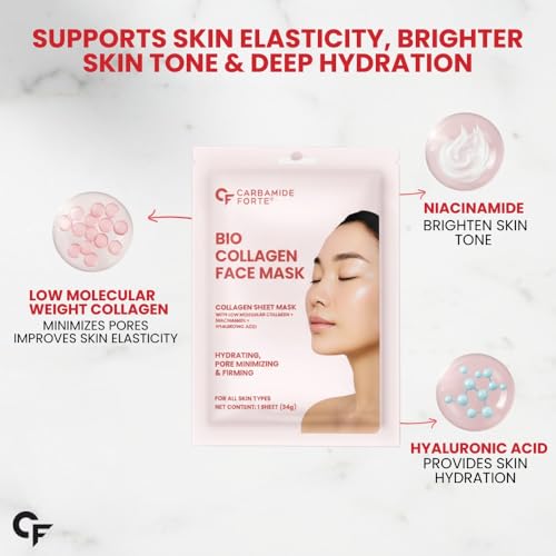 Image of Carbamide Forte Bio Collagen Mask | Collagen Mask Overnight | Sheet Mask | Korean Glass Skin Overnight Hydrogel Face Mask Sheets for Deep Hydration, Pore Minimizing, Firming & Moisturizing | Paraben-Free | For All Skin Types | 1 Piece - 35g