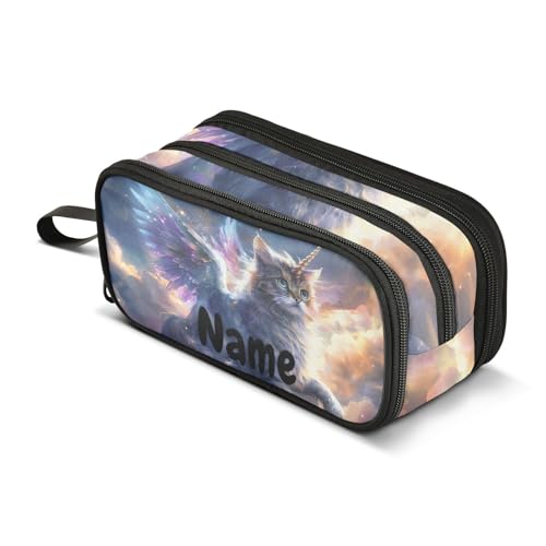Image of Custom Unicorn Cat with Wings Pencil Case Box Boys Girls Personalized Name Large Pencil Pouch Stationery Pen Bag Organizer for Kids Adults School Office