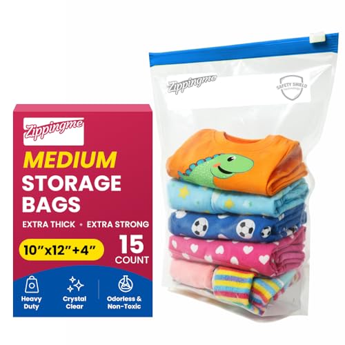 Image of Reusable Transparent Storage Bags with Slider Zip Lock | 15 Medium Size (10 inchx12 inch with 4 inch Bottom) | Ziplock Pouch or Bag for Small Clothes, Shoes & Travel Packing | Space Saver Zipper Pouch (M)