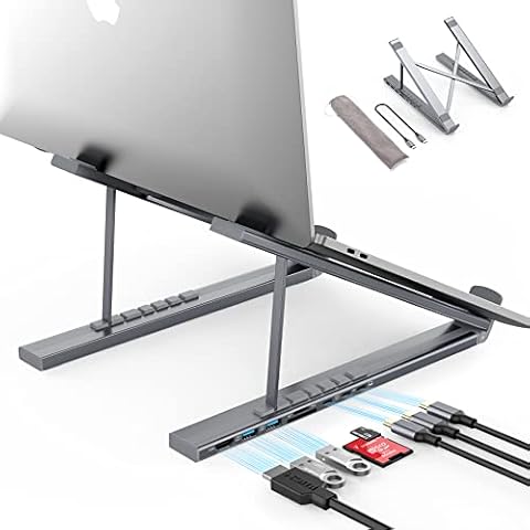 Laptopständer, Laptop ständer mit dockingstation, 7 in 1 Laptop Ständer 6-Stufen Einstellbarer Anti-Rutsch Faltbarer Cover
