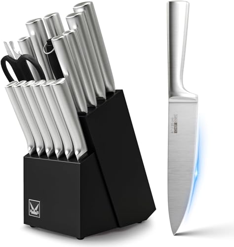 16PCS Chef Knife Set, HUIKAILI Kitchen Knife Sets with Wooden Block, Stainless Steel Kitchen Knife with Sharpener, High Carbon Stainless Steel & Ergonomic Handle Sharp Kitchen Knife Set Boxed Gift