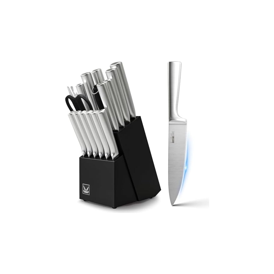Knife Set, 16 Pieces Kitchen Knife Set with Wood Block, Chef Knife with 6 Pieces Steak Knife, High Carbon Stainless Steel Japanese Knives for Multipurpose Cooking