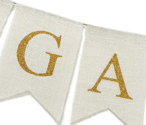 Image of Burlap Engaged Banner Sign, White and Gold | Prestrung, Adjustable, Reusable, Rustic Engagement Party Decorations