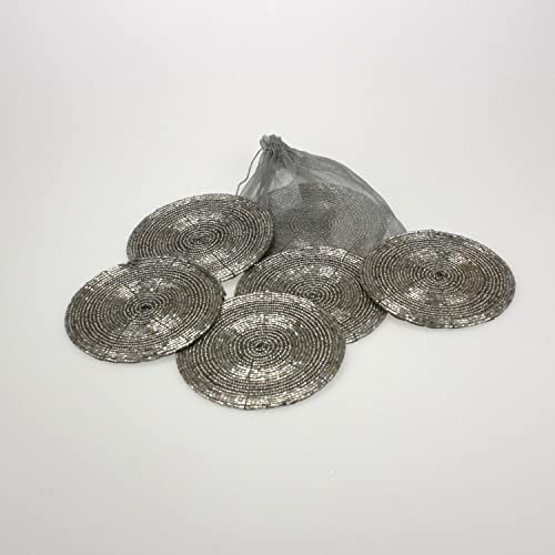 S/6 TLG. Untersetzer, Stoffunterlage - Silber - perlenbestickt - D. 10 cm - Glasperlen, Eisen Cover