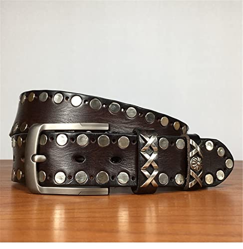 Stylish Mens Studded Casual Cowhide Leather Belts for Jeans Punk Rock Rivets Belt with Buckle for Men,Brown,115CM/45.3''3