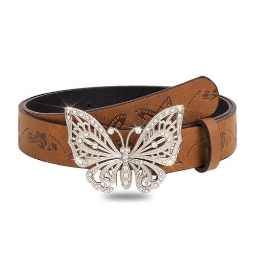 Yalice Brown Western Belt for Women Butterfly Buckle Leather Belt Country Cowboys Cowgirls Belts