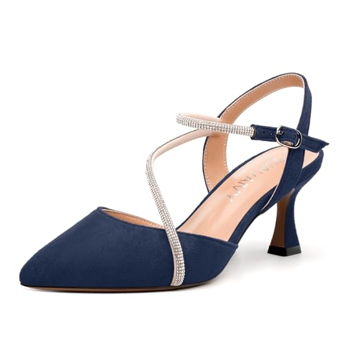 Women's Slingback Pumps, Rhinestones Adjustable Strap Mid Heels, Buckle Fashion Pointed Toe Pump for Women