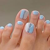 Press on Toenails Square Short Full Cover Fake Toenails 24PCS Blue and White Spot Stripe Toe Nails F