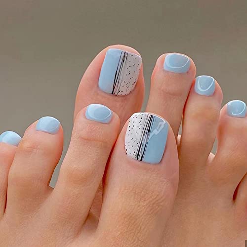 Press On Toenails Square Short Full Cover Fake Toenails 24Pcs Blue And White Spot Stripe Toe Nails Fake Nails With Glue Sticker And Nails File False Gel Toes Nails Tips Sets For Women Teens Girls #TOP3