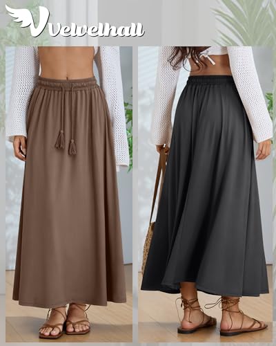 3 Pack Women's Maxi Long Skirts, Ankle Length a Line Elastic High Waist Flowy Boho Casual Skirt with Pockets2