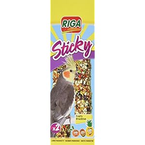 Riga – Sticky met vruchten voor grote parkieten – gebakken sticks – mix van korrels, granen en vruchten, waaronder appel…