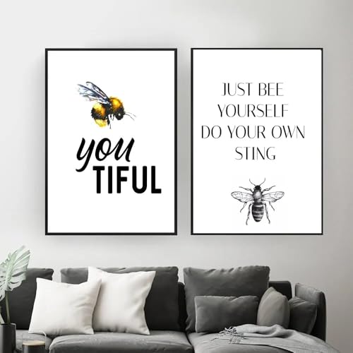Impression sur toile Abeille heureuse de 70x100 cm | Lot de 2 tableaux pour décoration murale