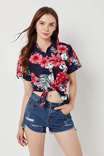 SSLR Women's Printed Short Sleeve Casual Button Down Hawaiian Shirt (Large, Navy(668-65))