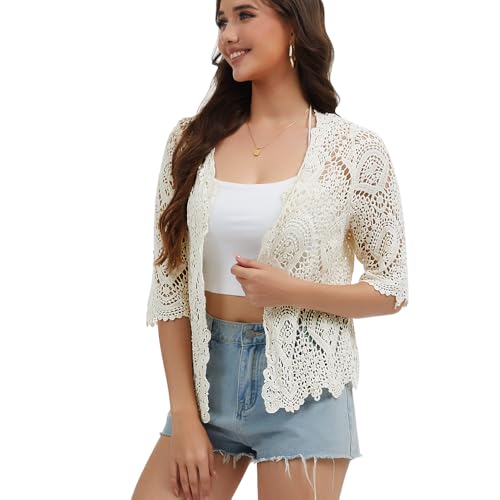 Women's Lace Cardigan Floral Crochet Sheer Beach Cover Ups Long Kimono with Half Sleeves2