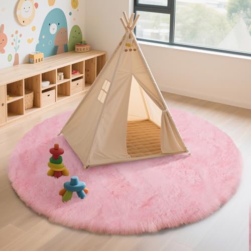 Pink Fluffy Round Area Rugs for Bedroom,5'X5'Shag Circle Area Rugs for Girls Room,Non Slip Fuzzy Plush Rug for Kids Room Living Room and Dorm Home Decor Rug