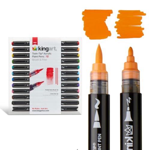 KINGART 12-Piece Twin-Tip Acrylic Paint Brush Pen Set – Flexible Brush & 1.2mm Fine Tips – Smooth Opaque Water-Based Ink for Rocks, Wood, Canvas, and Fabric – 12 Vibrant Classic Colors