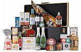 Lote Arcón Madera Cesta de Navidad 27 productos con vinos, jamón de cebo, dulces y otros