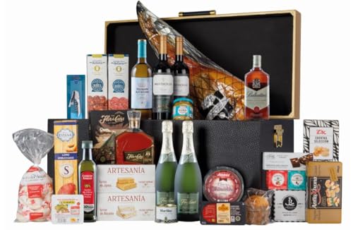 Lote Arcón Madera Cesta de Navidad 27 productos con vinos, jamón de cebo, dulces y otros