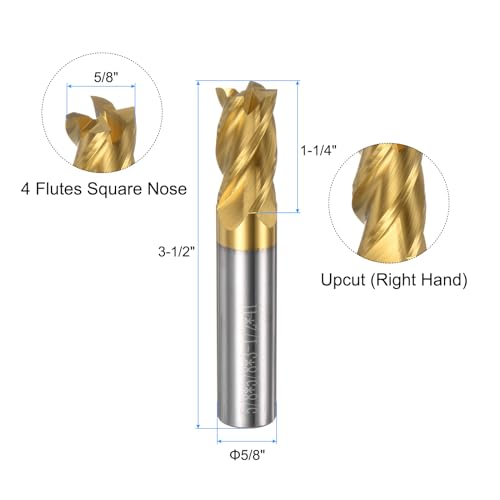 Image of uxcell Carbide Square End Mill, 5 /8 inch Diameter TiSiN Coated 4 Flutes Milling Bit Cutter, for Hardened Steel Stainless Steel Cast Iron, 5 /8 inch Shank 1-1 /4 inch Cut Length 3-1 /2 inch Long HRC55