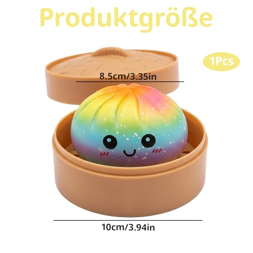 8.5cm Dumpling Squishy, Squishy Dumpling, Bunte Regenbogen-Punkt Form, Weiche Lustige Desktop Dekoration, Inklusive 10 cm Dampfkorb, Perfekt für Büroentspannung und Persönliche Pausen