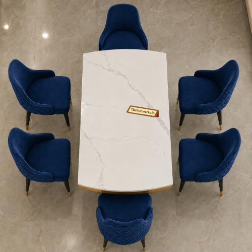 Image of 6-Seater Modern Elite Opal Storage Wooden Dining Table Set | 2 Year Warranty | Created Italian Statuario Marble Top | Elegant Composite Marble Table with 6 Chairs (Navy Blue)