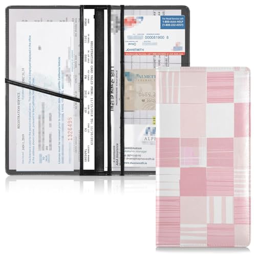 GuoChe Pu Leather Registration and Insurance Card Holder Men Women Prefect Car Essentials Wallet for Driver Auto Owners Trailer Motorcycle Boat Blush Plaid Patchwork Pattern3