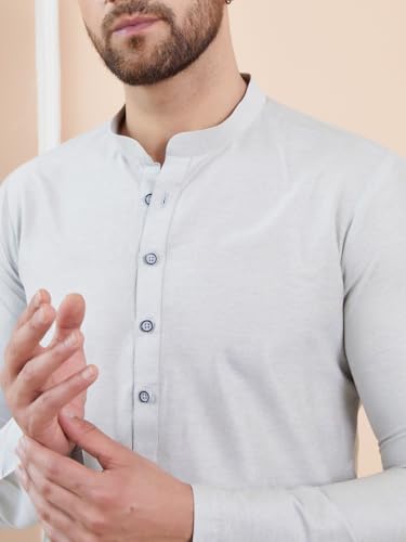 Image of See Designs Men Full Sleeve Sleeve Side Slit Mandarin Collar Cotton Solid Straight Kurta with Pyjama