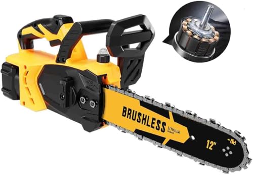 12 Inch Brushless Cordless Chainsaw for 20v Max Battery with Auto Oiler, 45Ft/s 1100W Electric High-Efficiency, No Installation Required, Yellow (Battery Not Included)