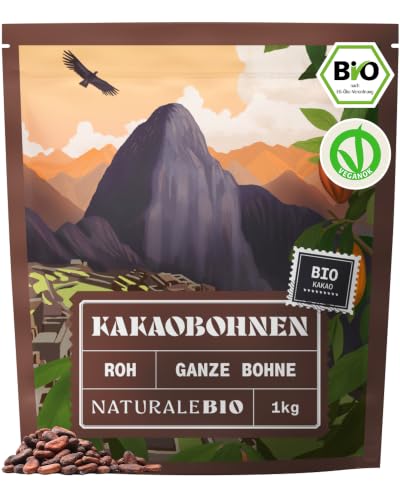 NaturaleBio Rohe Kakaobohnen. 1Kg Bio-Kakaobohnen. Natürliche und Reine Rohkost. Kakao produziert aus der Theobroma-Kakaopflanze.