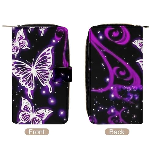 Purple Butterfly Pattern Leather Wallets Large Capacity Zipper Pocket Card Holder with ID Window3