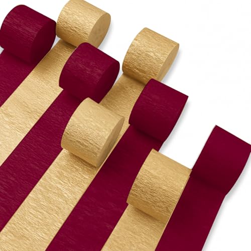 Image of PartyWoo Gold and Burgundy Crepe Paper Streamers 8pcs 656ft Pack of Gold and Maroon Crepe Paper Streamers for Graduation Wedding Birthday Bachelorette Citizenship Strawberry Theme Party Decorations