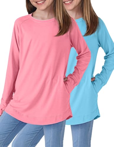 Image of Liberty Pro 2-Pack Girls' Loose Fit Long Sleeve Tunic Tops with Pockets and Thumb Holes, Casual T Shirts for Tween Kids