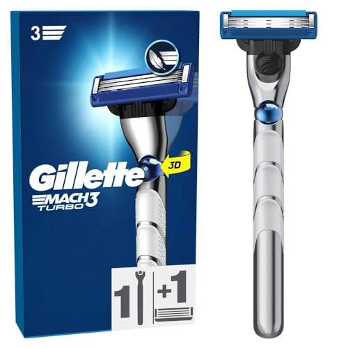 Gillette Mach3 Turbo Rasierer für Männer, 1 Gillette Rasierer, 1 Ersatzklinge, Mit verbessertem Gleitstreifen für ein sanftes Gleiten und NEUEN Klingen Gillette Mach3 Turbo Rasierer für Männer, 1 Gillette Rasierer, 1 Ersatzklinge, Mit verbessertem Gleitstreifen für ein sanftes Gleiten und NEUEN Klingen