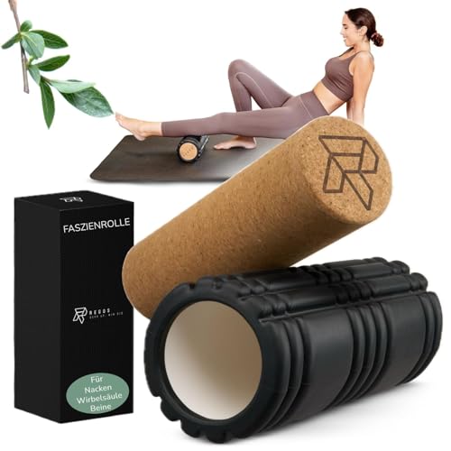 Rodillo de masaje 2 en 1 (33 x 14 cm) de corcho y espuma para espalda, piernas y fascia, yoga, regeneración, el rodillo de fitness con dos grados de dureza.