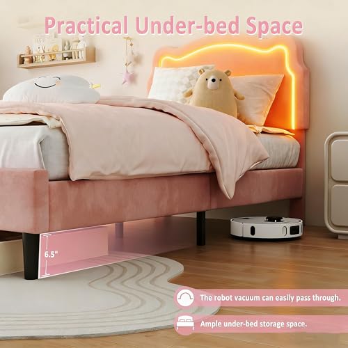 Image of GarveeHome Twin Upholstered Smart LED Bed Frame with Headboard, Velvet Princess Platform Bed Frame for Kids, Wooden Slats Support, No Box Spring Needed (Rose)