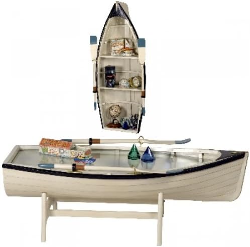 Rowing Boat Shelf/Table, white, antique finish, 2 oars, glass plate, wooden stand, Dimensions: l 119 x w 49.5 x h 33 cm
