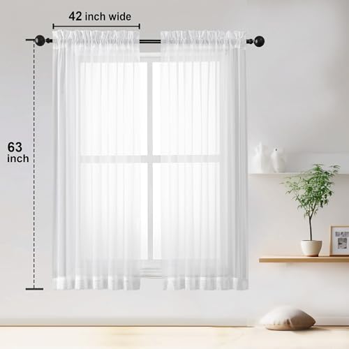 Image of OWENIE Sheer White Curtains, Sheer Curtains 63 inch Length 2 Panels Set, Rod Pocket Voile Fimly Sheer Drapes for Living Room /Bedroom, 2pcs, Each 42 inch W x 63 inch L