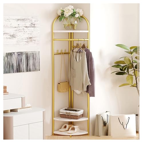 Porte-manteau d'angle doré en métal avec rangement pour entrée