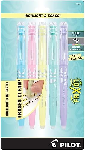 Pilot FriXion Light Pastel Collection Erasable Highlighters, Set of 5, Yellow, Pink, Green, Purple, Blue 46543