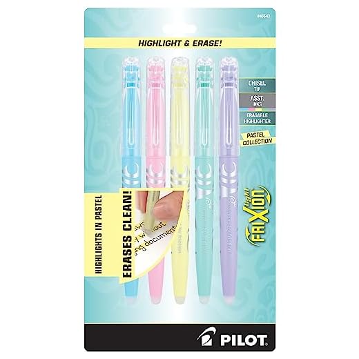 PILOT FriXion Light Pastel Collection Erasable Highlighters, Chisel Tip, Assorted Color Inks, 5-Pack (46543)