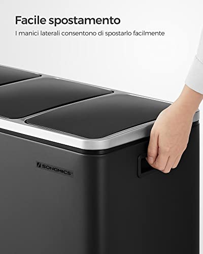 SONGMICS Cestino da Cucina, Pattumiera per Raccolta Differenziata 3 x 18L, 3 Scomparti per Riciclaggio, Coperchi a Chiusura Morbida, Pedali, Acciaio, Nero Inchiostro LTB54BK - Immagine 5