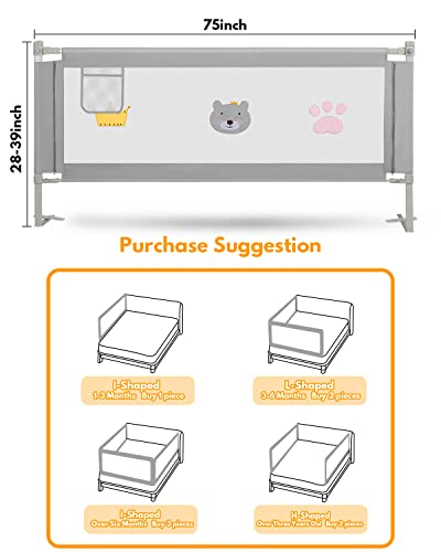 Athradies Bed Rails For Toddlers, 75'' Extra Long Toddler Bed Rails For Kids, Height Adjustable Baby Bed Rail Guard For Twin, Full, King, Queen Size Bed(1 Side, Grey) #TOP6