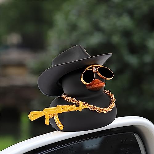 Image of wonuu Car Ornament Rubber Duck, for Car Dashboard Decoration Accessories with Hat Swim Ring Necklace Sunglasses, A Black&Black Cowboy Hat&Transparent