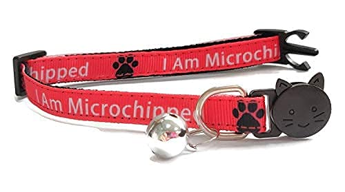 Worded Cat Collars with Bell - Please Do Not Feed Me, I Am Microchipped, 3. Red, I Am Microchipped, Pack of 1