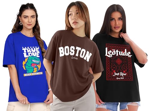 Image of LEOTUDE Half Sleeve Cottonblend Oversized Tshirt for Women, Round Neck Longline Printed Raglan Sleeve Colourblocked Drop Shoulder Baggie T-Shirt Top for Woman (Color Pink)