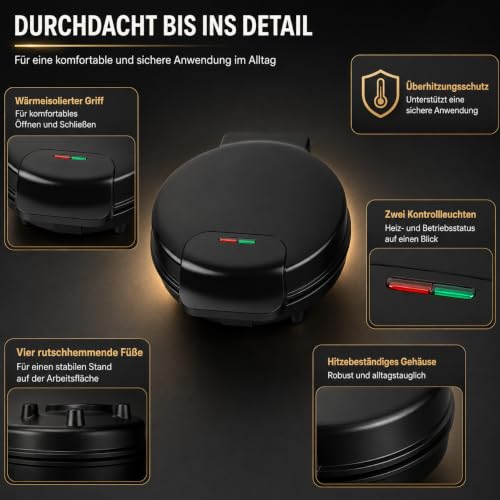 Foto von Hörnchenautomat für hauchdünne Waffeln, 1000 W, Waffeleisen für Kegel, Backfläche Ø 19 cm, antihaftbeschichtet, wärmeisolierender Griff, Kegel-Zubehör inklusive, Es ist schwarz