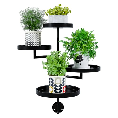YisanCrafts 4-Tier Rotating Wall Mounted Plant Stand, Black Metal Spiral Flower Pot Holder, Space Saving Corner Shelf Organizer, 21.6 Inch Height