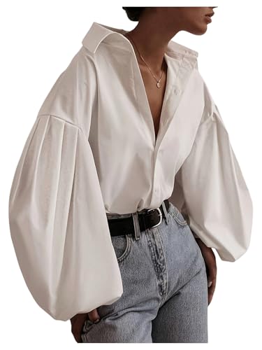 SweatyRocks Womens Button Down Shirts Long Bishop Wide Sleeve Drop Shoulder Office Blouses White Medium