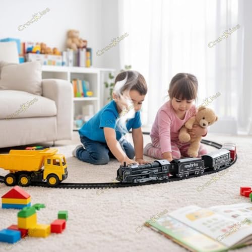 Image of Crackles Steam Engine Train Set for Kids - Light & Hindi Music Sound Classic Vintage Engine with Smoke Effect, Rechargeable Battery, Type-C Cable, Water Dropper & Tracks - Battery Operated Toy