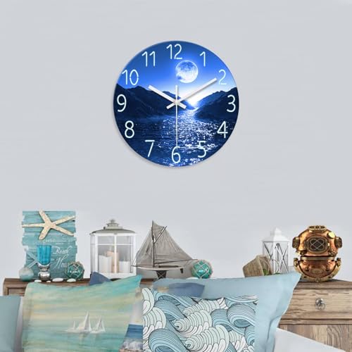 Image of XFM Blue Moon Wall Clock Battery Operated 14 Inch Silent | Non-Ticking Modern Glass Nature Round Analog Decorative for Kitchen Bedroom Living Room Office
